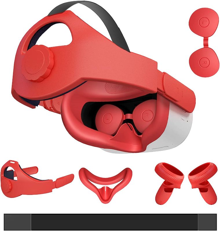 Photo 1 of SUIHUOJI for VR Oculus Quest 2 Accessories 5 in 1 Replacement Head Strap Elite Kits Protective Lens Cover Sweatproof/Silicone Face Pad Cover/Controller Grips Cover for Quest 2 Headset (Red)