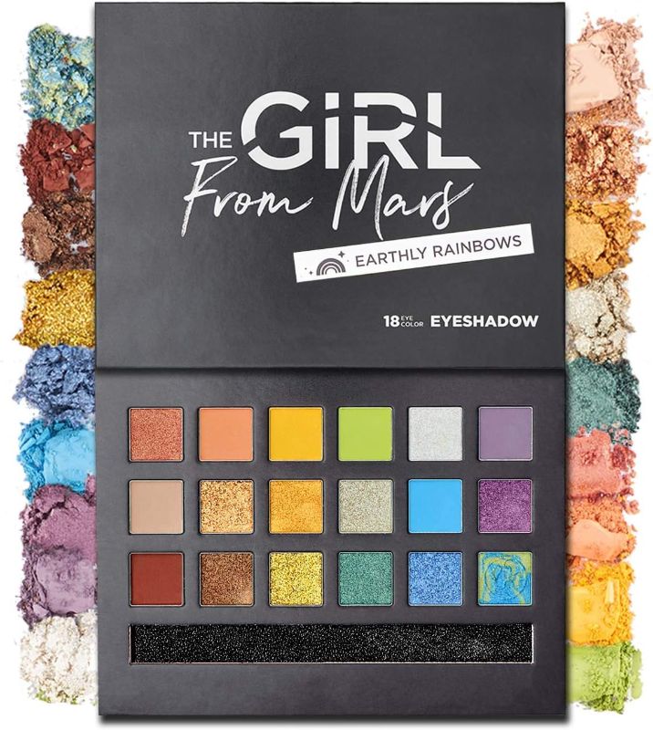 Photo 1 of HE GIRL FROM MARS Coloured Make-Up 18 Palate Eyelids Matte Shimmer Metallic Glitter Top Pigmented Waterproof Rainbow and Warm Brown Pink Daily Eyelid