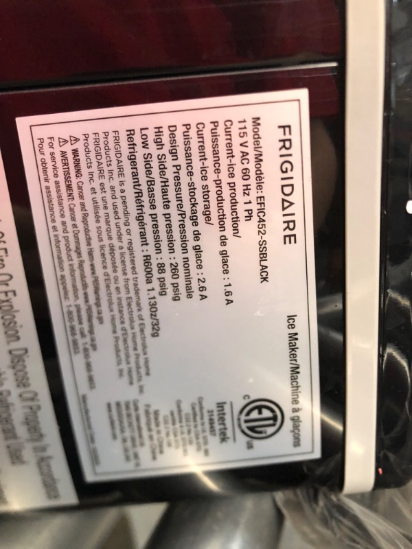 Photo 3 of **TESTED** Frigidaire EFIC452-SSBLACK XL Maker, Makes 40 Lbs. of Clear Square Ice Cubes A Day