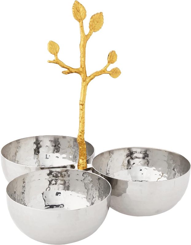 Photo 1 of **DAMAGE SEE PHOTOS**Elegance Golden Vine Hammered Triple Bowl, 8.25", Silver/Gold