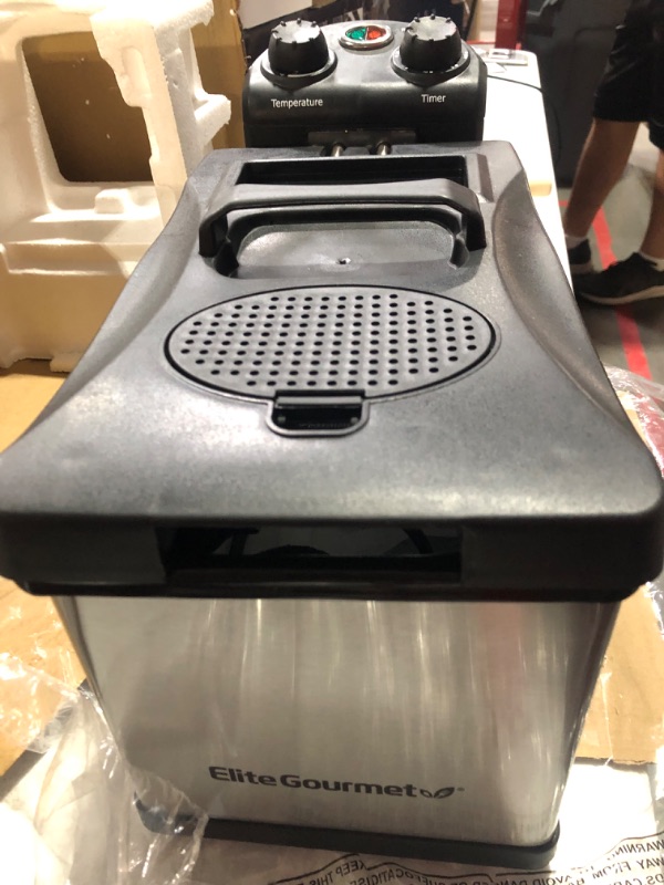 Photo 1 of *MISSING TRAY AND DENTED** Elite Gourmet EDF-3500# Electric Immersion Deep Fryer. Removable Basket, Timer Control Adjustable Temperature, Lid with Viewing Window and Odor Free Filter