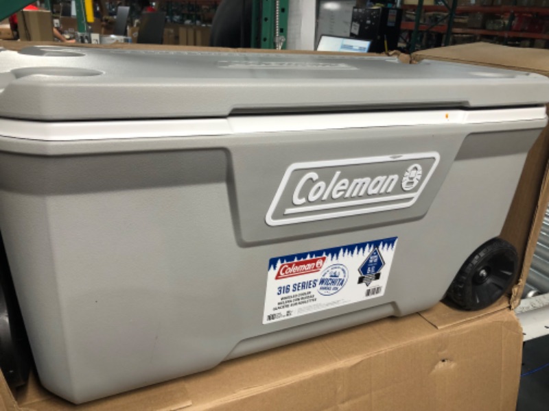 Photo 6 of **PARTS ONLY, NON-FUNCTIONAL, HEAVY DAMAGE TO HINGES** Coleman 316 100qt Wheeled Cooler - Rock Gray