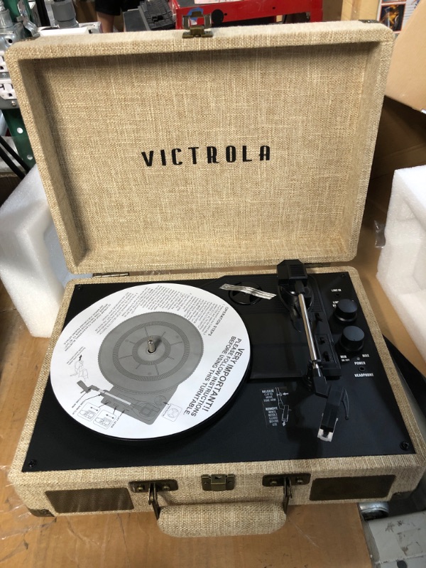 Photo 2 of Victrola Journey+ Signature Turntable Record Player - 33-1/3, 45 & 78 RPM Suitcase Vinyl Record Player, Bluetooth Connectivity & Built-in Speakers, Stereo RCA Output, Linen Finish, Cream