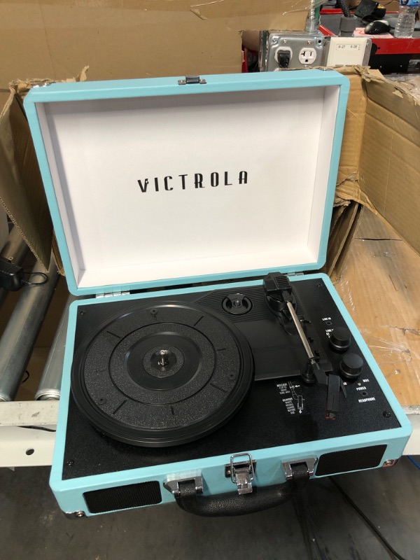 Photo 2 of Victrola Vintage 3-Speed Bluetooth Portable Suitcase Record Player with Built-in Speakers | Upgraded Turntable Audio Sound | Aqua Turquoise (VSC-550BT-TU) Aqua Turquoise Record Player