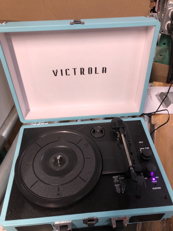 Photo 3 of Victrola Vintage 3-Speed Bluetooth Portable Suitcase Record Player with Built-in Speakers | Upgraded Turntable Audio Sound | Aqua Turquoise (VSC-550BT-TU) Aqua Turquoise Record Player