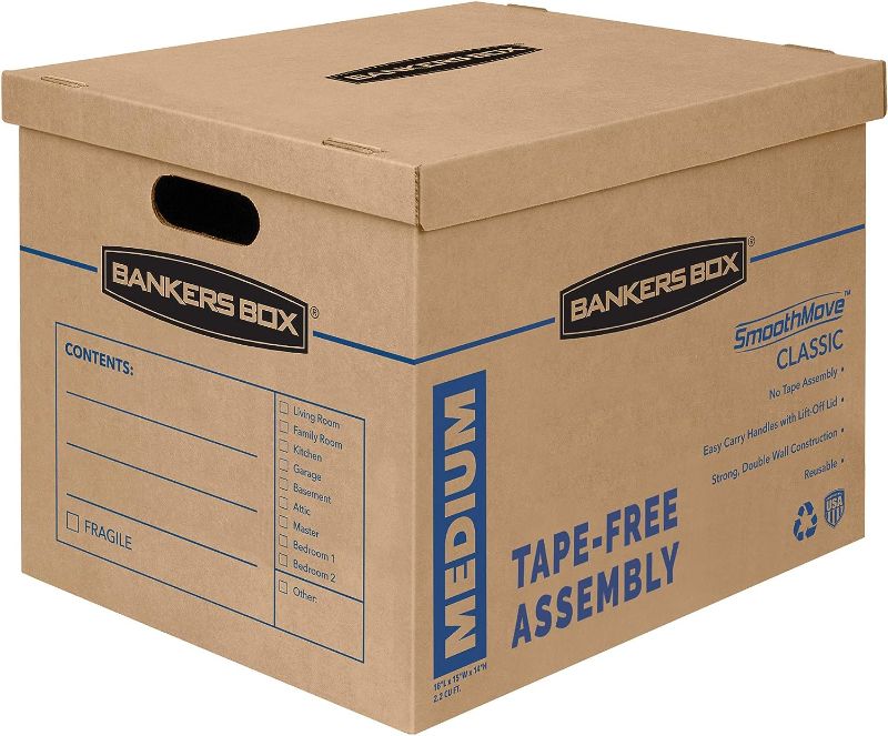 Photo 1 of Bankers Box SmoothMove Classic Medium Moving Boxes, 8 Pack, Tape-Free Assembly, Easy Carry Handles, 18" x 15" x 14" Solid