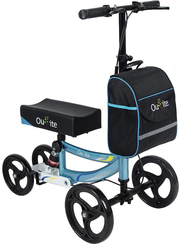 Photo 1 of **Scratched** Ousite Foldable Steerable Knee Walker Crutch Alternative Deluxe Medical Scooter Double Handbrake (Blue)