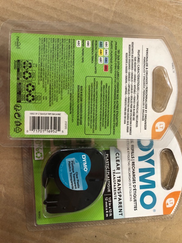 Photo 2 of DYMO - DYM16952 Authentic LetraTag Labeling Tape for LetraTag Label Makers, Black Print on Clear pastic Tape, 1/2'' W x 13' L, 1 roll (16952) 156 in. X 1/2 in.