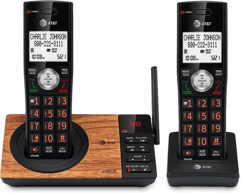 Photo 1 of AT&T CL82267 DECT 6.0 2-Handset Cordless Phone for Home with Answering Machine, Call Blocking, Caller ID Announcer, Intercom and Long Range, Black & Wood Grain Finish Black/Wood Grain Finish 2 Handsets Phone