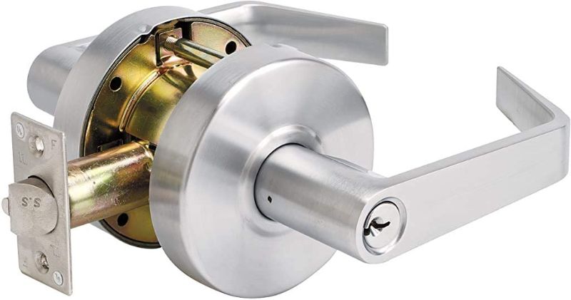 Photo 1 of **see notes**
Master Lock Keyed Entry Door Lock, Commercial Door Handle, Lever Style Locking Door Handle, Brushed Chrome Finish
