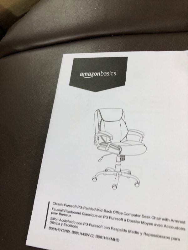 Photo 2 of **FOR PARTS**SEE NOTES**Amazon Basics Classic Puresoft Padded Mid-Back Office Computer Desk Chair with Armrest - Brown, 25.75"D x 24.25"W x 42.25"H