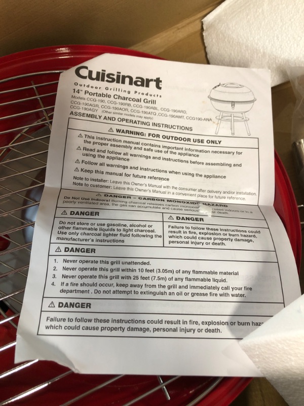 Photo 3 of **Parts Only**Cuisinart 14" Portable Charcoal Grill Color: Red/Black