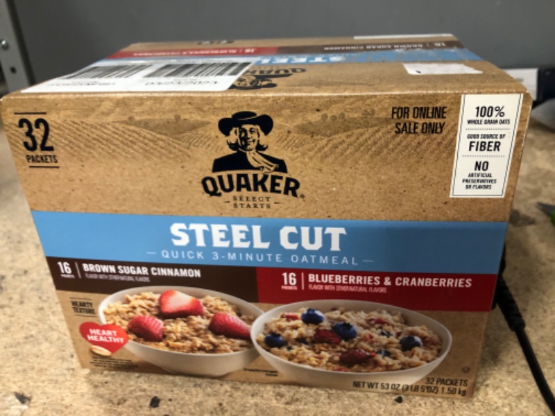 Photo 2 of **EXPIRES 03/23/2023** Quaker, Steel Cut Quick 3-Minute Oatmeal, Variety Pack, 32 Packets (16 Brown Sugar Cinnamon, 16 Blueberries & Cranberries)