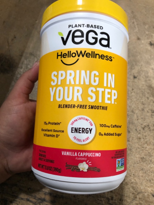 Photo 2 of BBD : 03/2023------Vega Hello Wellness Spring in Your Step Blender Free Smoothie (14 Servings) Plant Based Vegan Protein Powder, 100mg Caffeine, Vitamin D, Energy - Vanilla Cappuccino, 13.8oz (Packaging May Vary)