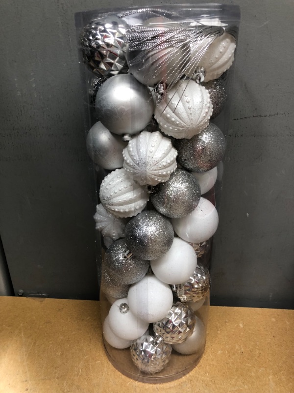 Photo 2 of 45PCS 2.36"(60mm) Christmas Ball Ornaments, Shatterproof Plastic Ball Present for Xmas Trees,Festival, Home Party and Wedding Party,Small Size Christmas Tree Ornaments(Silver/White)