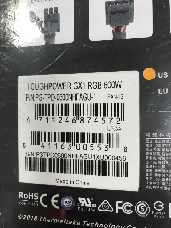 Photo 2 of *NEW, SEALED*Thermaltake Toughpower GX1 RGB 600W Gold SLI/Crossfire Ready Continuous Power RGB LED ATX12V v2.4 / EPS v2.92 80 Plus Gold Certified 5 Year Warranty Non Modular Power Supply PS-TPD-0600NHFAGU-1 80+ Gold 600W Power Supply