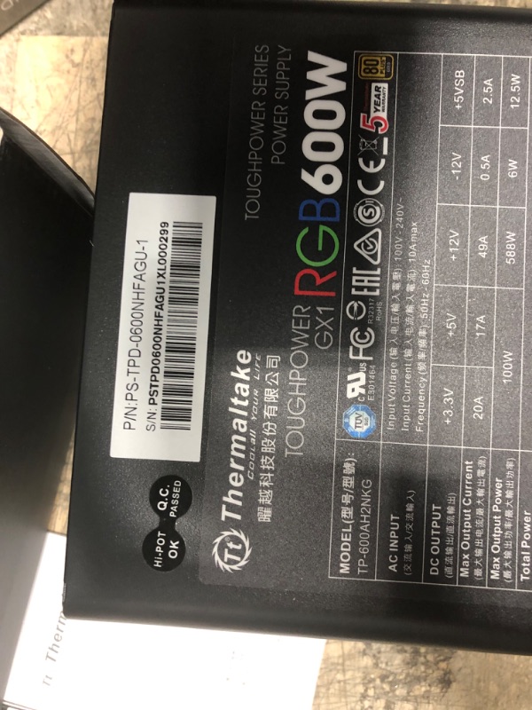 Photo 4 of Thermaltake Toughpower GX1 RGB 600W Gold SLI/Crossfire Ready Continuous Power RGB LED ATX12V v2.4 / EPS v2.92 80 Plus Gold Certified 5 Year Warranty Non Modular Power Supply PS-TPD-0600NHFAGU-1 80+ Gold 600W Power Supply