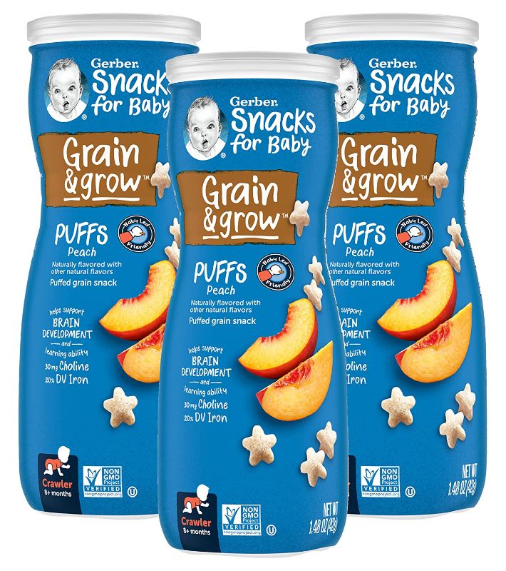 Photo 1 of 6 Gerber Snacks for Baby Grain & Grow Puffs Peach 1.48 Oz Canister (Exp 05/23/2023