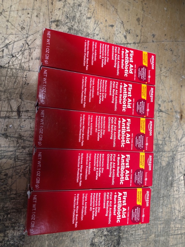 Photo 1 of 5 Amazon Basic Care First Aid Antibiotic + Burn Relief, Maximum Strength Triple Antibiotic Ointment for First Aid and Burn Relief, 1 Ounce )  (Exp 06/2023)