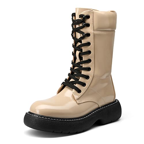 Photo 1 of DREAM PAIRS Women's SDMB2210W Lug Sole Combat Boots Chunky Platform Lace up Mid Calf Combat Boots Rebellious,Nude,Size 9