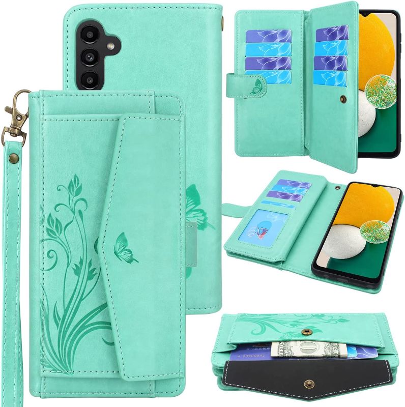 Photo 1 of Lacass Compatible with Samsung Galaxy A13 5G Case, 12 Card Slots Holder Pocket Wallet Case Stand Flip Leather Cover Wrist Strap Lanyard (Butterfly Mint Green)