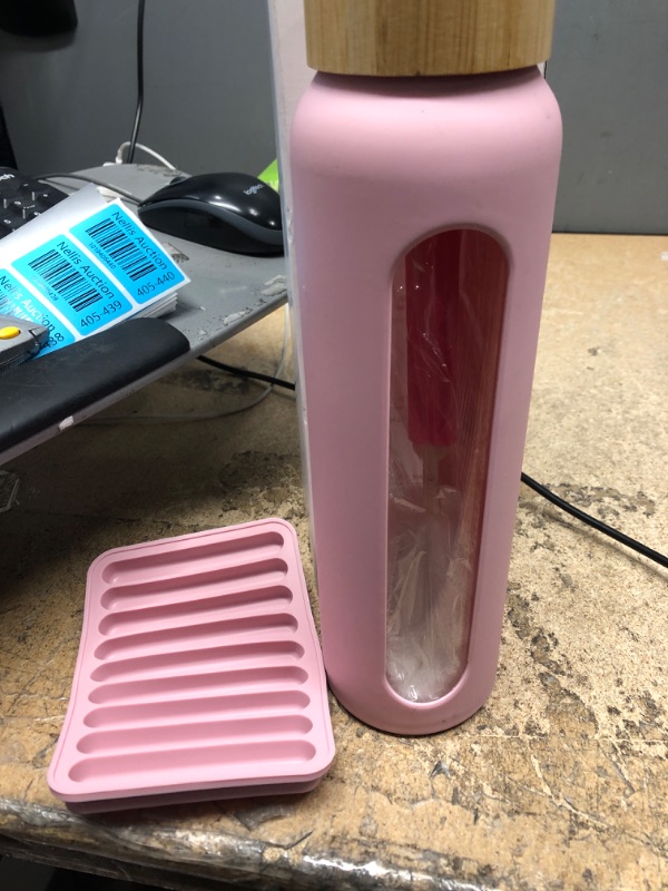 Photo 2 of Sursip 32oz Glass Water Bottle with Time Marker, Water Bottle with Silicone Sleeve and Bamboo Lid,1 Liter Reusable Glass Water Drinking Bottles,With Ice Cube Tray, Leak Proof, BPA Free Wide mouth Pink/32oz