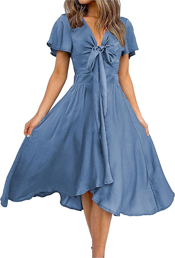 Photo 1 of BTFBM Women's Satin Deep V Neck Summer Dresses Short Sleeve Tie Front High Waist Flowy Ruffle A-Line Midi Cocktail Dress