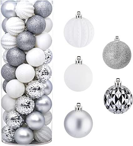 Photo 1 of 45PCS 2.36"(60mm) Christmas Ball Ornaments, Shatterproof Plastic Ball Present for Xmas Trees,Festival, Home Party and Wedding Party,Small Size Christmas Tree Ornaments(Silver/White)
