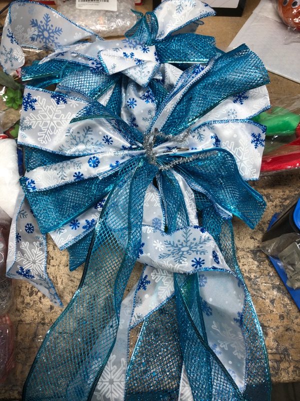 Photo 2 of  Christmas Wired Ribbon Glitter Organza Wired Ribbon for Christmas Tree Garland Sheer Swirl Ribbon for Christmas Wreath Craft (Blue, 2.5 and 1.5 Inch)