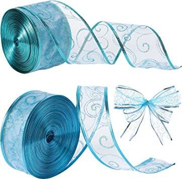Photo 1 of  Christmas Wired Ribbon Glitter Organza Wired Ribbon for Christmas Tree Garland Sheer Swirl Ribbon for Christmas Wreath Craft (Blue, 2.5 and 1.5 Inch)