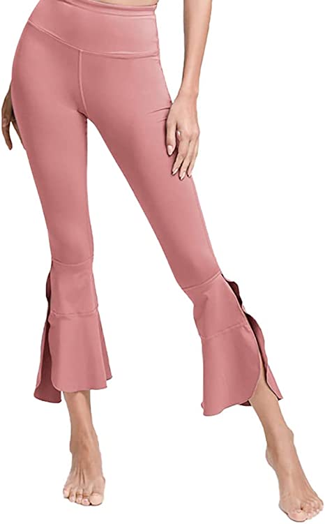 Photo 1 of Esobo Women's High Waisted Bootcut Yoga Pants Side Split Ruffle Hem Bootleg Leggings Wide Leg Workout Pants COLOR Pink SIZE XL