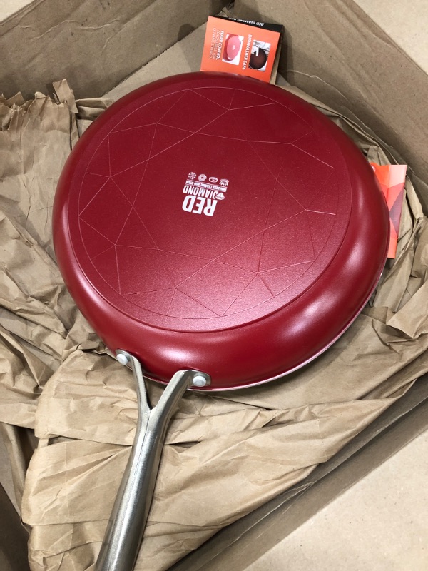 Photo 3 of ***Sides Have Dents***Blue Diamond Cookware Diamond Infused Ceramic Nonstick, 12" Frying Pan Skillet, PFAS-Free, Dishwasher Safe, Oven Safe, Red Red 12" Frying Pan Skillet Non-Induction