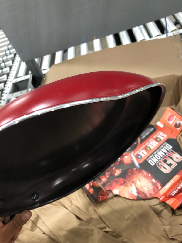 Photo 4 of ***Sides Have Dents***Blue Diamond Cookware Diamond Infused Ceramic Nonstick, 12" Frying Pan Skillet, PFAS-Free, Dishwasher Safe, Oven Safe, Red Red 12" Frying Pan Skillet Non-Induction
