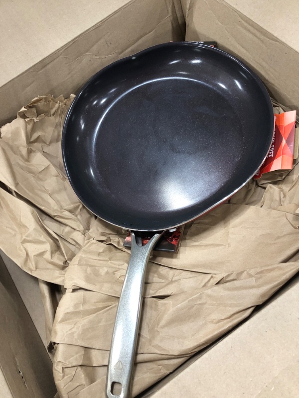 Photo 2 of ***Sides Have Dents***Blue Diamond Cookware Diamond Infused Ceramic Nonstick, 12" Frying Pan Skillet, PFAS-Free, Dishwasher Safe, Oven Safe, Red Red 12" Frying Pan Skillet Non-Induction