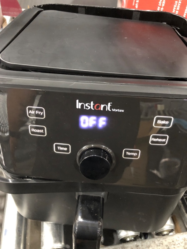 Photo 5 of *Broken on Top and has cracks on sides***Instant Vortex 5.7 Quart Air Fryer, Customizable Smart Cooking Programs, Digital Touchscreen, Grill Plate and Skewer Set, Black