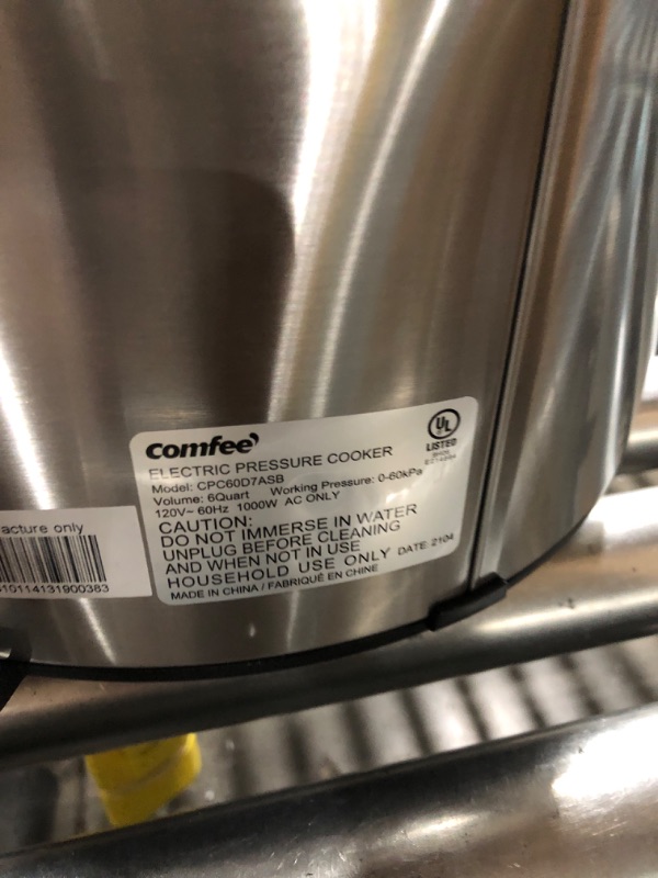 Photo 4 of ***Powers On- Dent in Back***COMFEE’ 6 Quart Pressure Cooker 12-in-1 & Rice Cooker, 8-in-1 Stainless Steel Multi Cooker, Slow Cooker, Steamer, Saute, and Warmer, 5.2 QT, 20 Cups Cooked(10 Cups Uncooked) Pressure Cooker + Rice Cooker, 8-in-1