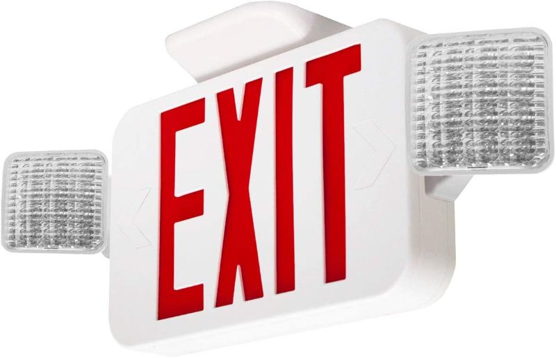 Photo 1 of LFI Lights | Combo Red Exit Sign with Emergency Lights | White Housing | All LED | Two Adjustable Square Heads | Hardwired with Battery Backup | UL Listed | (2 Pack) |