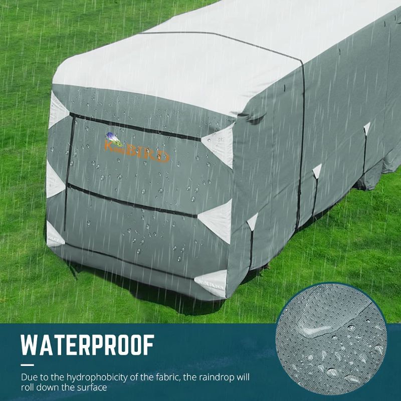 Photo 7 of KING BIRD Upgraded Travel Trailer RV Cover, Extra-Thick 5 Layers Anti-UV Top Panel, Durable Camper Cover, Fits 18'- 20' Motorhome-Breathable, Water-Repellent, Rip-stop with 2Pcs Straps & 4 Tire Covers 18-20FT - 240"L*105"W*108"H