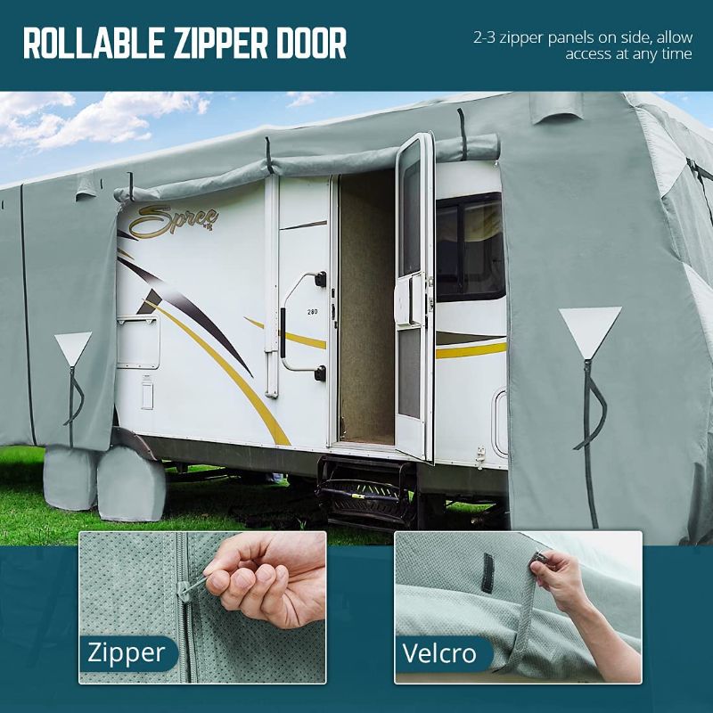 Photo 5 of KING BIRD Upgraded Travel Trailer RV Cover, Extra-Thick 5 Layers Anti-UV Top Panel, Durable Camper Cover, Fits 18'- 20' Motorhome-Breathable, Water-Repellent, Rip-stop with 2Pcs Straps & 4 Tire Covers 18-20FT - 240"L*105"W*108"H