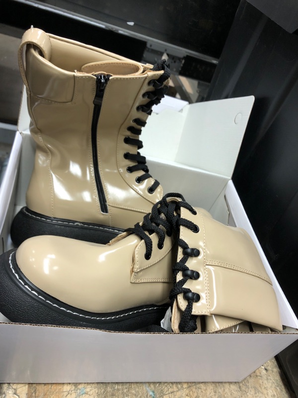 Photo 2 of DREAM PAIRS Women's Platform Combat Boots, Chunky Lug Sole Lace Up Leather Boots, Mid Calf Boots 8.5 Nude