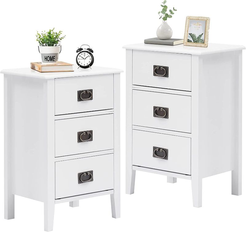 Photo 1 of ***PARTS ONLY*** VECELO Nightstands Set of 2 End/Side Tables Living Room Bedroom Bedside, Vintage Accent Furniture Small Space, Solid Wood Legs, Three Drawers, White
