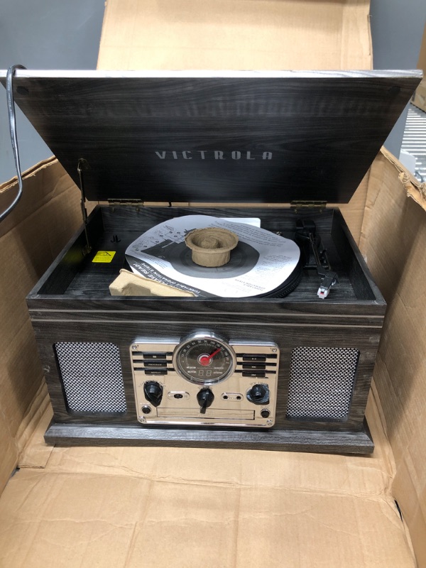 Photo 4 of *DIDN'T POWER ON Victrola Nostalgic 6-in-1 Bluetooth Record Player & Multimedia Center with Built-in Speakers - 3-Speed Turntable, CD & Cassette Player, AM/FM Radio | Wireless Music Streaming | Grey | wood
