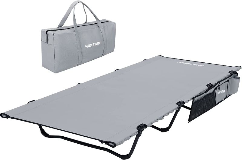 Photo 1 of HEYTRIP Extra-Wide Folding Camping Cot, Quiet Sleeping Cot With Side Pocket, Camping Bed Support 500lb, Lightweight Folding Cot With Camp Cot Carry Bag, Backpacking Cots For Adults Car Camping Outdoor