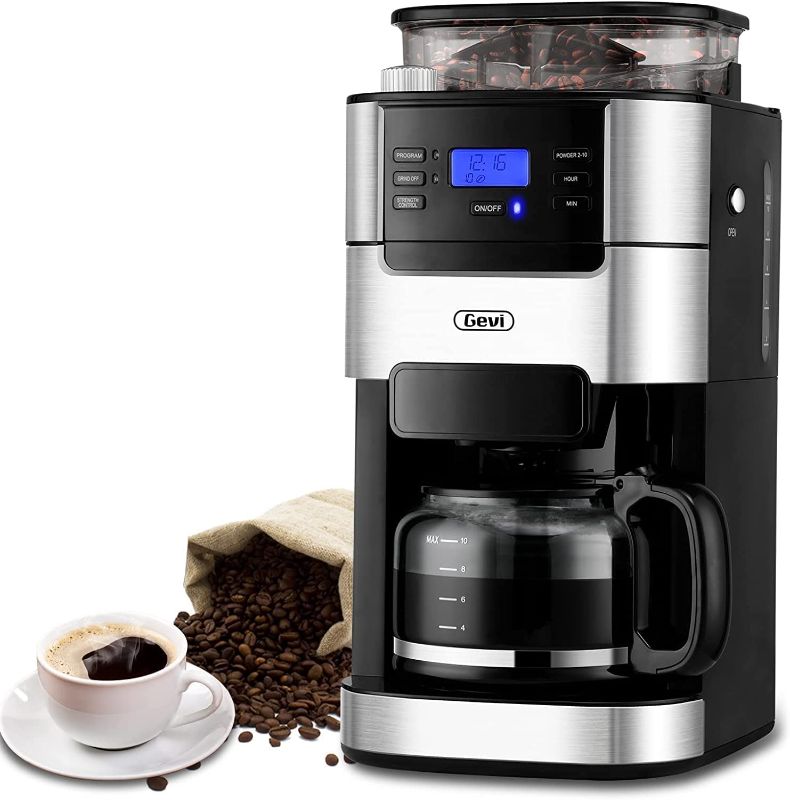 Photo 1 of ***Powers On***10-Cup Drip Coffee Maker, Grind and Brew Automatic Coffee Machine with Built-In Burr Coffee Grinder, Programmable Timer Mode and Keep Warm Plate, 1.5L Large Capacity Water Tank,900W, Black (Aluminum, 10 Cup)