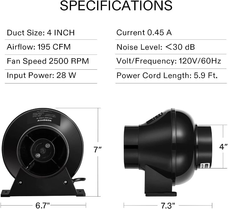 Photo 3 of VIVOSUN D4 4 Inch 195 CFM Inline Duct Ventilation Fan HVAC Vent Blower for Hydroponics Grow Tent