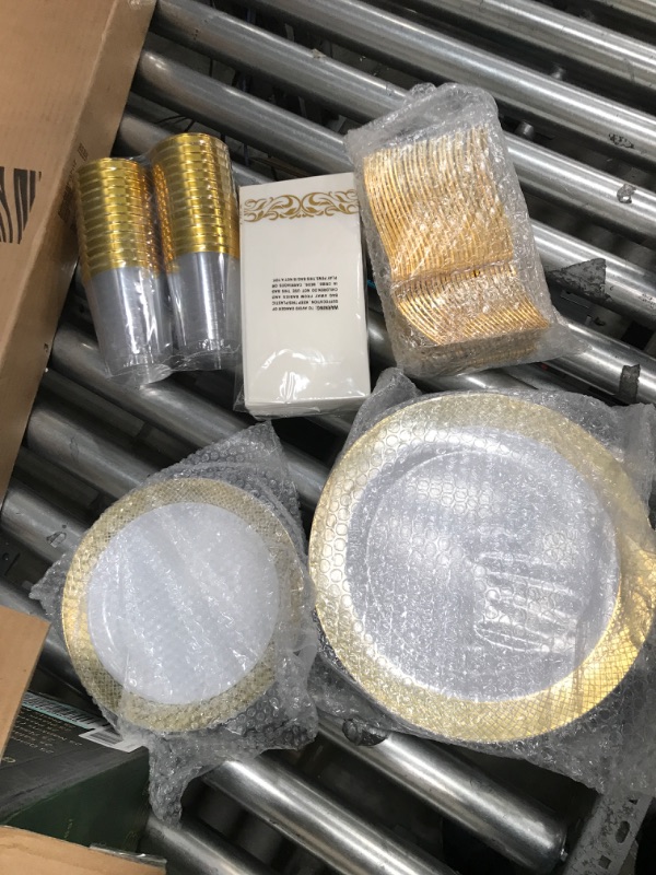 Photo 1 of 175 Piece Gold Dinnerware Set 25 Guest-50 Gold Grid Plastic Plates-25 Gold Plastic Silverware-25 Gold Plastic Cups-25 Linen Like Gold Paper Napkins, FOCUSLINE Disposable Dinnerware Set 175Pack Gold Dinnerware Set