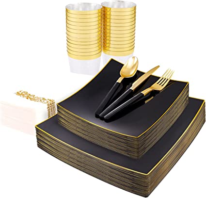 Photo 1 of *NOT exact stock photo, use for reference*
Nervure 140PCS Navy Blue Square Plastic Plates - 20 Guests Gold Plastic Plates include 20Dinner Plates, 20Dessert Plates, 60 Gold Plastic Silverware, 20 Gold Plastic Cups, 20 Napkins for Wedding & Party
