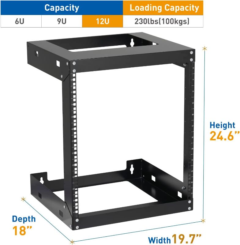 Photo 1 of 12U Wall Mount Rack Open Frame 19" Server Equipment 18 inches Depth 2 Post Network Cabinet by Tedgetal