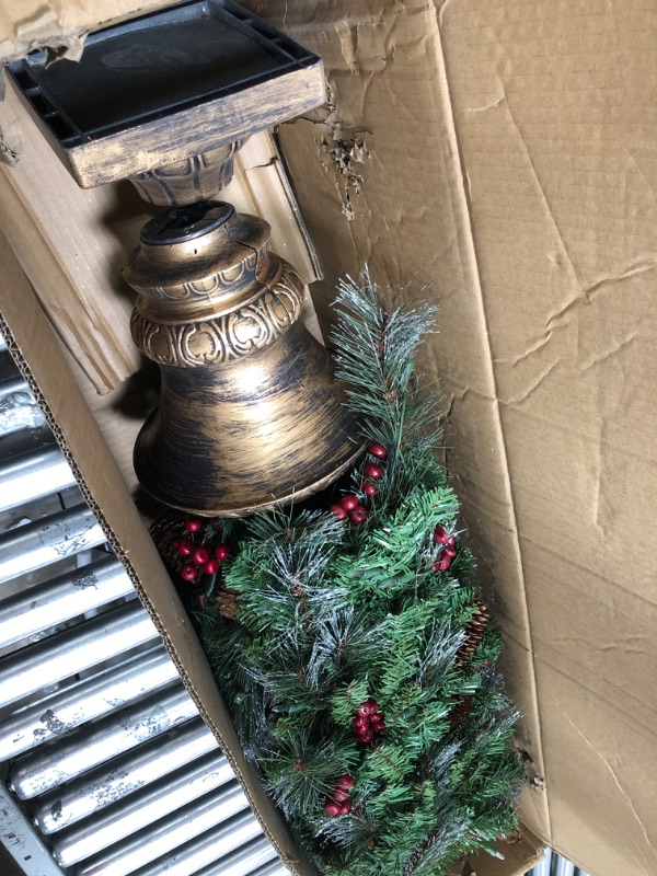 Photo 2 of **Bottom damaged** National Tree Company Pre-Lit Artificial Entrance Christmas Tree, Green, Crestwood Spruce, White Lights, Decorated with Pine Cones, Berry Clusters, Frosted Branches, Includes Pot Base, 5 Feet 5 ft Tree