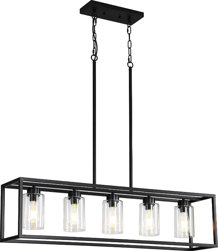 Photo 1 of *** SLIGHT SHIPPING DAMAGE SEE PICTURES *** Black 5-Light Dining Room Light Fixture, Modern Farmhouse Chandeliers, Linear Rectangular Kitchen Island Lighting, Industrial Vintage Pendant Lighting with Clear Glass Shade Height Adjustable
